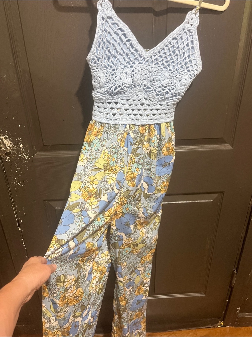 Crochet-Bodice Floral Wide-Leg Jumpsuit in Light Blue